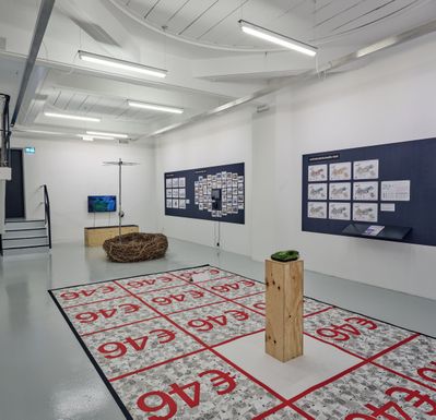 Blick in die Ausstellung im aut mit "Geldteppich" und Installation von Roland Maurmair